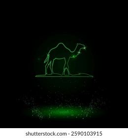 A large green outline wild camel symbol on the center. Green Neon style. Neon color with shiny stars. Vector illustration on black background