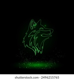 A large green outline wolf head on the center. Green Neon style. Neon color with shiny stars. Vector illustration on black background