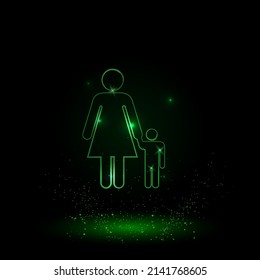 A large green outline woman with child symbol on the center. Green Neon style. Neon color with shiny stars. Vector illustration on black background