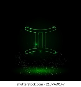 A large green outline zodiac gemini symbol on the center. Green Neon style. Neon color with shiny stars. Vector illustration on black background