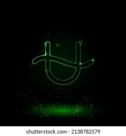A large green outline zodiac ophiuchus symbol on the center. Green Neon style. Neon color with shiny stars. Vector illustration on black background