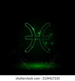 A large green outline zodiac Pisces symbol on the center. Green Neon style. Neon color with shiny stars. Vector illustration on black background