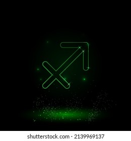 A large green outline zodiac sagittarius symbol on the center. Green Neon style. Neon color with shiny stars. Vector illustration on black background