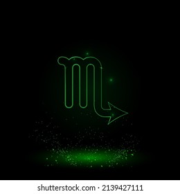 A large green outline zodiac scorpio symbol on the center. Green Neon style. Neon color with shiny stars. Vector illustration on black background