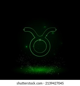 A large green outline zodiac taurus symbol on the center. Green Neon style. Neon color with shiny stars. Vector illustration on black background