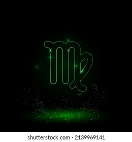 A large green outline zodiac virgo symbol on the center. Green Neon style. Neon color with shiny stars. Vector illustration on black background