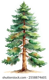 A large green pine tree with brown bark and a thick trunk. The tree is the main focus of the image and is surrounded by a white background. The tree appears to be tall and majestic