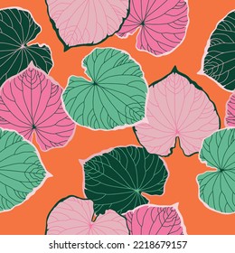 Large green and pink tropical leaves on orange. Seamless vector pattern design for branding, stationery, wrapping, wallpapers, textile. Minimal botanical pattern design.