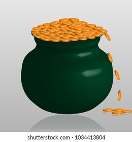Large Green Pot with Gold Coins Isolated with glass shadow