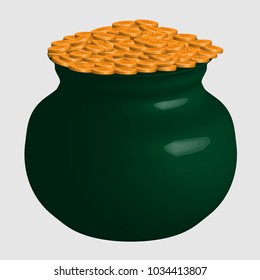 Large Green Pot with Gold Coins Isolated