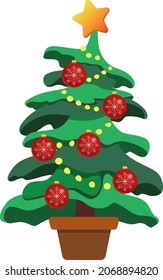 Large green potted Christmas tree. Red Christmas balls. Star on top of the Christmas tree. New Year's Eve. Vector colorful illustration on white background.