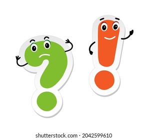 Large green question mark and orange exclamation mark. Cartoon  character. A dialogue between two characters. Doubting and asserting. Vector illustration.