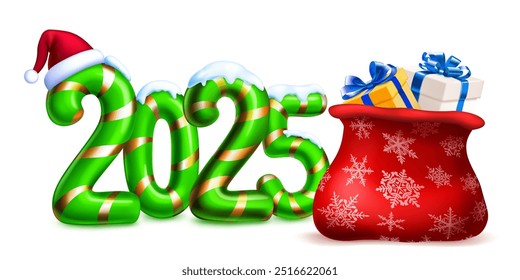 Large green stylized number 2025 sprinkled with snow on top, with a festive Christmas design reminiscent of a candy cane, with Santa hat and bag of gifts, with soft shadow, on a white background.