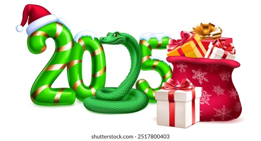 Large green stylized number 2025 sprinkled with snow on top with a festive Christmas candy cane design, with a green snake, a Santa hat and bag of gifts, with soft shadows on a white background.