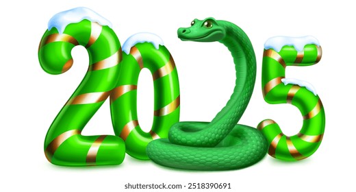Large green stylized number 2025 sprinkled with snow on top, with a festive Christmas design reminiscent of a candy cane, and a green snake instead of 2, with soft shadow, on a white background.
