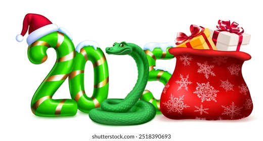 Large green stylized number 2025 sprinkled with snow on top with a festive Christmas candy cane design, with a green snake, a Santa hat and bag of gifts, with soft shadows on a white background.