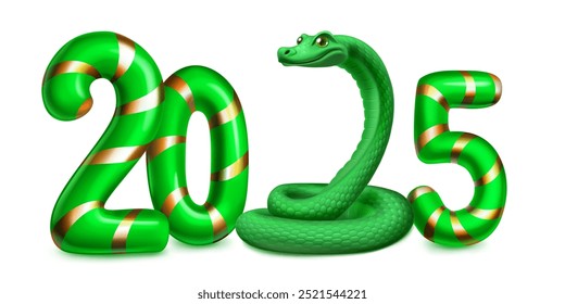 Large green stylized number 2025 with a festive Christmas design reminiscent of a candy cane, and a green snake instead of the number 2, with soft shadow, on a white background.