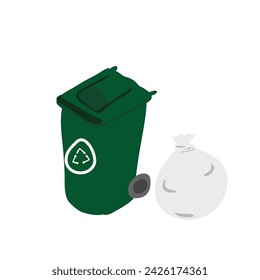Un gran cubo de basura verde con una bolsa de basura al lado. Residuos generales