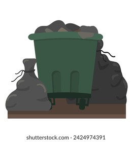 Gran cubo de basura verde con basura. Falta de botes de basura y acumulación de desperdicios. Contaminación ambiental. Grandes bolsas de basura en el suelo cerca del cubo de basura. Aislado sobre fondo blanco.