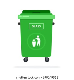 Large green trash can on wheels for sorting glass vector flat material design isolated on white