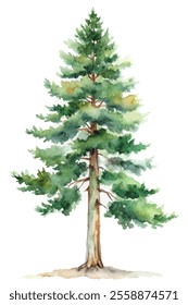 A large green tree with brown bark and a thick trunk. The tree is the main focus of the image and is surrounded by a white background. The painting style is watercolor, which gives the tree a natural