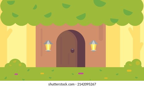 un gran árbol verde con una puerta en el bosque 