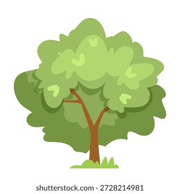 Grande árbol verde con corona frondosa y tronco marrón en estilo de dibujos animados sobre fondo blanco. Concepto de naturaleza, bosque o medio ambiente. Ilustración vectorial