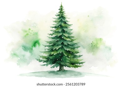 A large green tree is the main focus of this watercolor painting. The tree is surrounded by a lush green background, giving the impression of a peaceful, natural setting