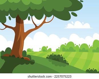 Gran árbol verde en el fondo de un paisaje rural. Ilustración vectorial de dibujos animados