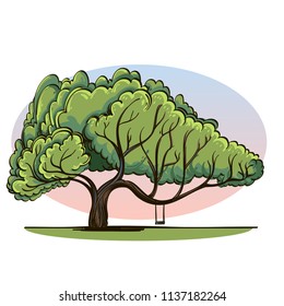 Large green tree with a swing in cartoon style. Landscape element for game design and animation. Vector illustration isolated on white background.