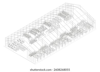 A large greenhouse with many plants inside. The plants are arranged in rows and are of various sizes. The greenhouse is open to the sky, allowing sunlight to enter and provide warmth for the plants