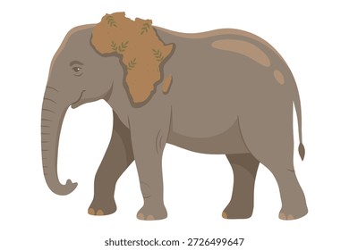 Grande animal gris caminando hacia adelante con forma de África en su cuerpo Detalle de vegetación