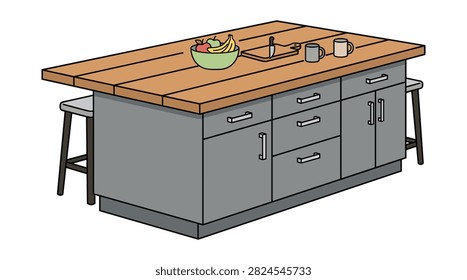 Large grey kitchen island featuring extended wooden work surface breakfast seating stools fruit bowl cutting board coffee mugs.