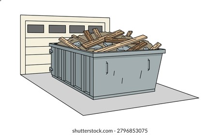 Large grey metal dumpster filled with wooden planks and construction debris parked on a concrete driveway in front of a garage.