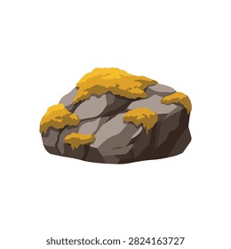 Large Grey Stone Boulder with Yellow Moss Illustration Isolated on White Background for Game Asset