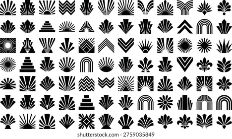Large grid of black art deco and fan-shaped decorative elements Keywords: art deco, fan shape, sunburst, geometric, flourish, ornament, divider, decorative, elegant, design element, graphic