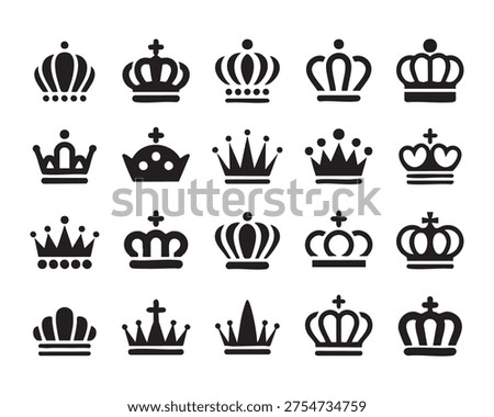 Large grid of crown icons. Different architectural royal shapes. Handcrafted vector monarch symbols set.