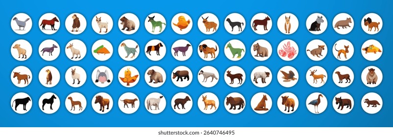 A large grid of various animals.  Each animal is presented in a full shot, facing forward or slightly angled.  The animals include: buffalo, cow, ox, dog, cat, sheep, goat, snake, mouse, squirrel, fro