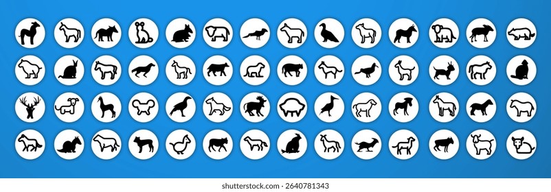 A large grid of various animals.  Each animal is presented in a full shot, facing forward or slightly angled.  The animals include: buffalo, cow, ox, dog, cat, sheep, goat, snake, mouse, squirrel, fro