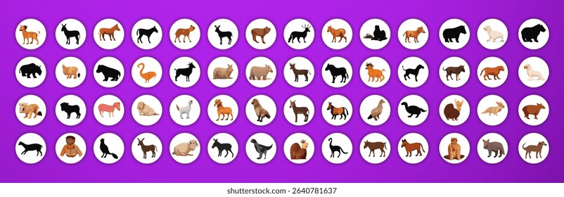 A large grid of various animals.  Each animal is presented in a full shot, facing forward or slightly angled.  The animals include: buffalo, cow, ox, dog, cat, sheep, goat, snake, mouse, squirrel, fro