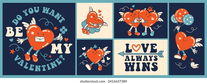  Large groovy print collection with funny cartoon hearts. Retro funky vector illustration. Fun greeting quotes and Valentines with angels wings. Hand drawn, not AI