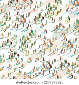 Large group of abstract people crowded on white background. Seamless pattern of crowd of different people with shadow. Vector illustration