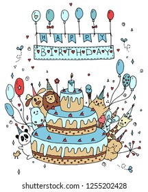 A large group of animal friends at a huge cake with a candle wishes a happy birthday. Vector graphics, postcard.