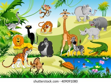 large group of animals in the green jungles, vector and illustration