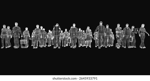 A large group of animated people standing in a dynamic line on a black background, creating a sense of movement and energy. The stylized figures are evenly spaced, emphasizing unity and teamwork.