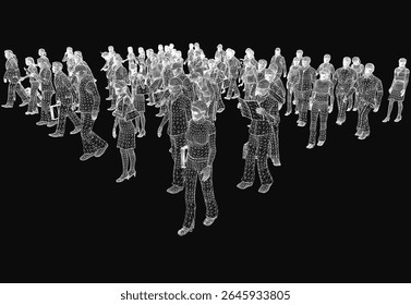 A large group of animated people standing in a line on a black background, creating a dynamic sense of movement. The figures are stylized with smooth motion effects, emphasizing unity and flow.