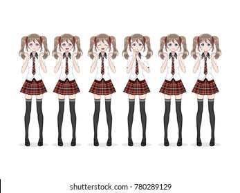 A large group of anime (manga) girls of schoolgirls in full growth, in Japanese style. Set of different emotions