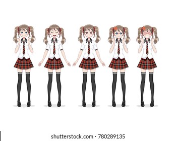 A large group of anime (manga) girls of schoolgirls in full growth, in Japanese style. Set of different emotions