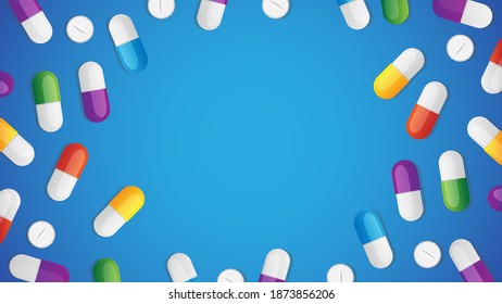 Large group of assorted pharmaceutical medicine pills, tablets and capsules making a frame on blue background. Empty copy space for text. Editable EPS Vector Illustration