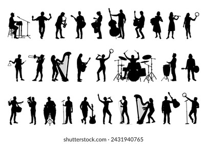 Large group band musicians playing different musical instruments vector silhouette set collection.	